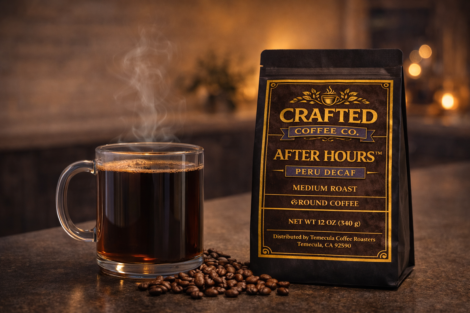 Brewed cup of After Hours Peru Decaf medium roast coffee in glass mug next to unopened bag on dark countertop