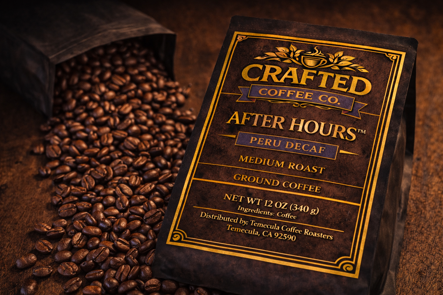 Fresh decaf coffee beans spilling from open After Hours Peru Decaf bag with detailed label