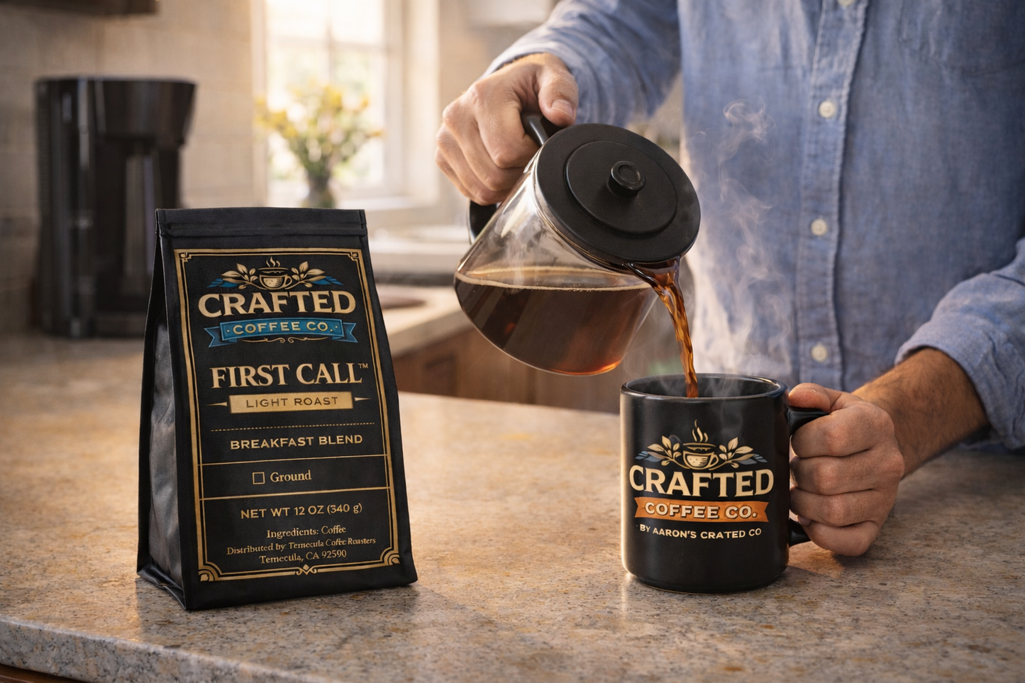 Person pouring First Call breakfast blend light roast coffee from drip maker into mug on kitchen counter with morning sunlight