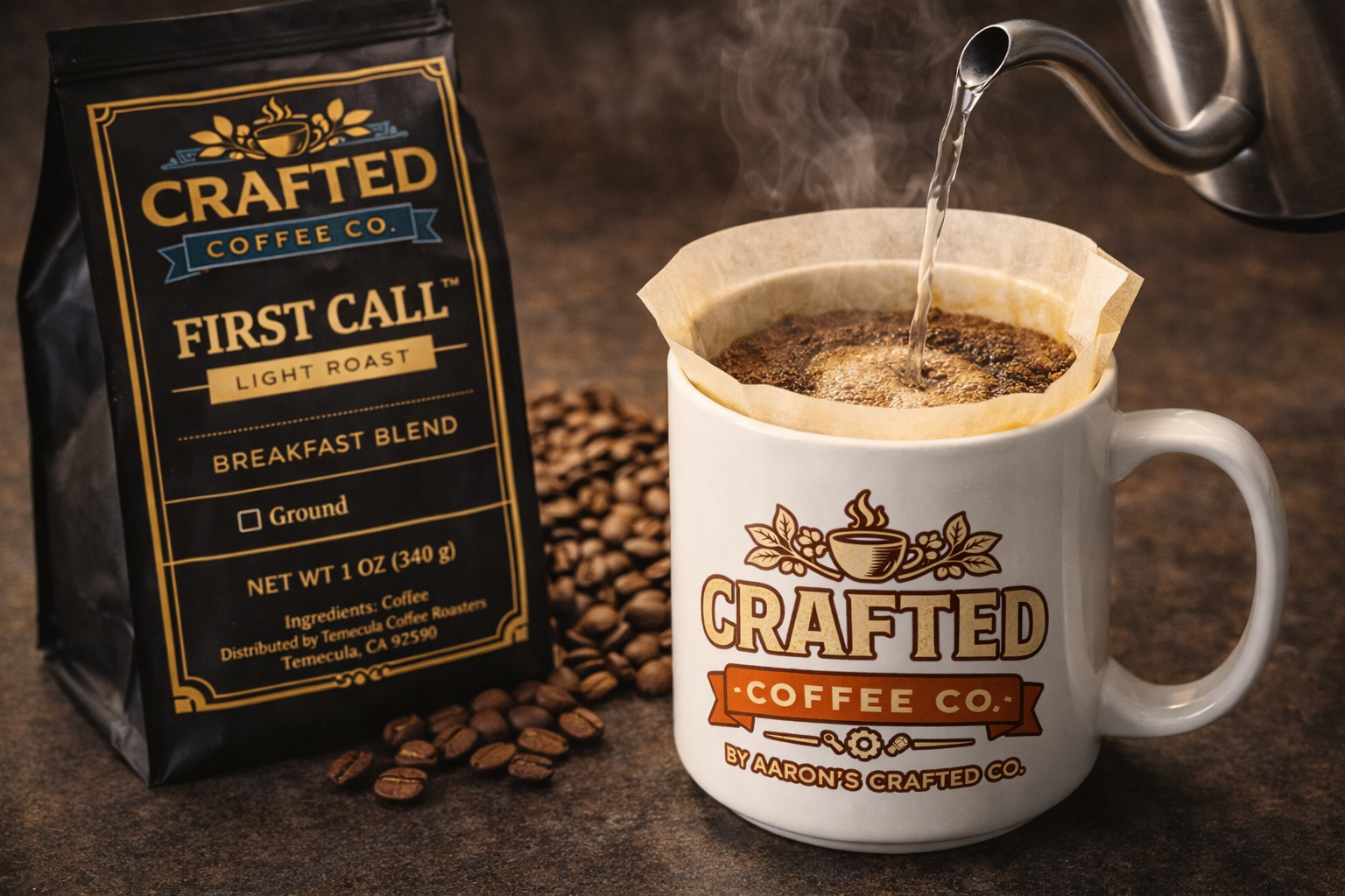 Pour-over brewing of First Call breakfast blend light roast coffee with gooseneck kettle and open bag in background