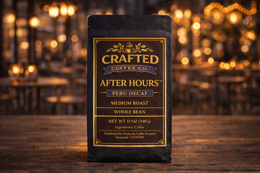After Hours Peru Decaf medium roast coffee bag 12oz fresh roasted on wooden table with soft evening light