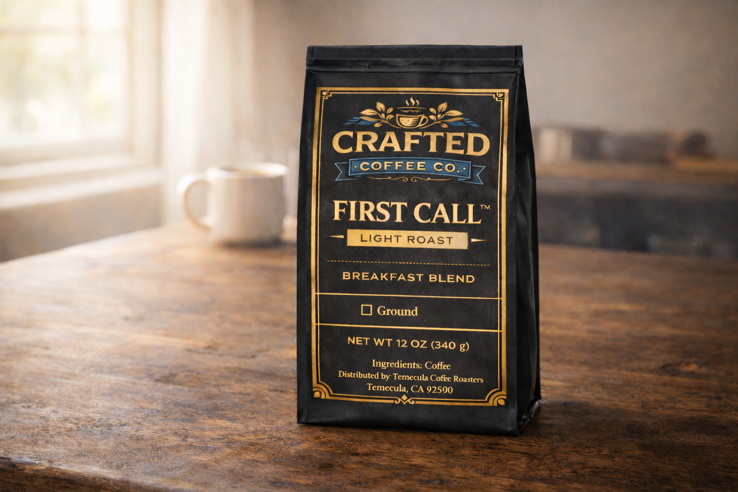 First Call breakfast blend light roast coffee bag 12oz fresh roasted on wooden table with soft morning light