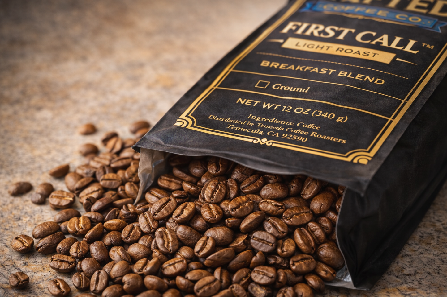 Fresh light roast coffee beans spilling from open First Call breakfast blend bag with detailed label