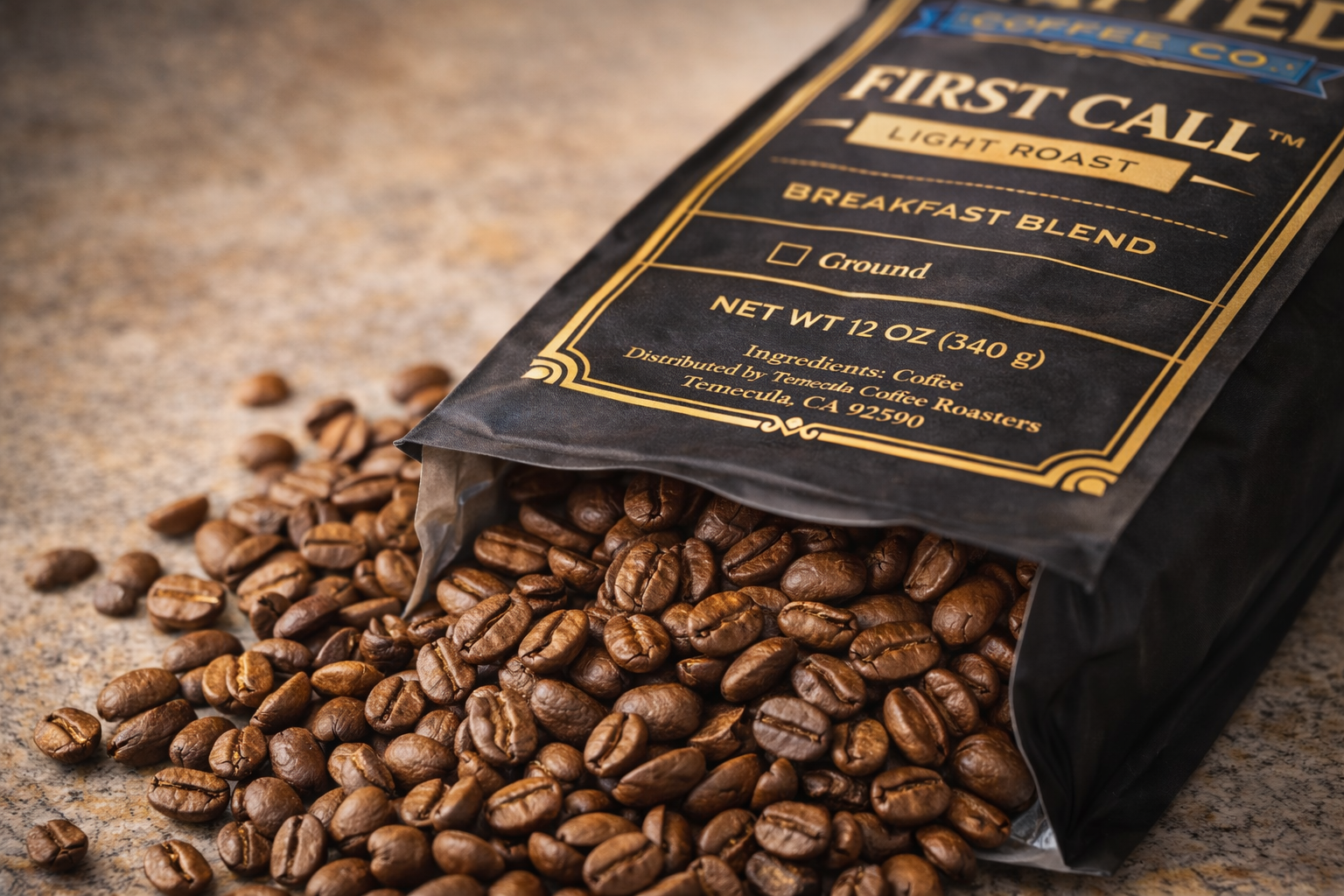 Fresh light roast coffee beans spilling from open First Call breakfast blend bag with detailed label