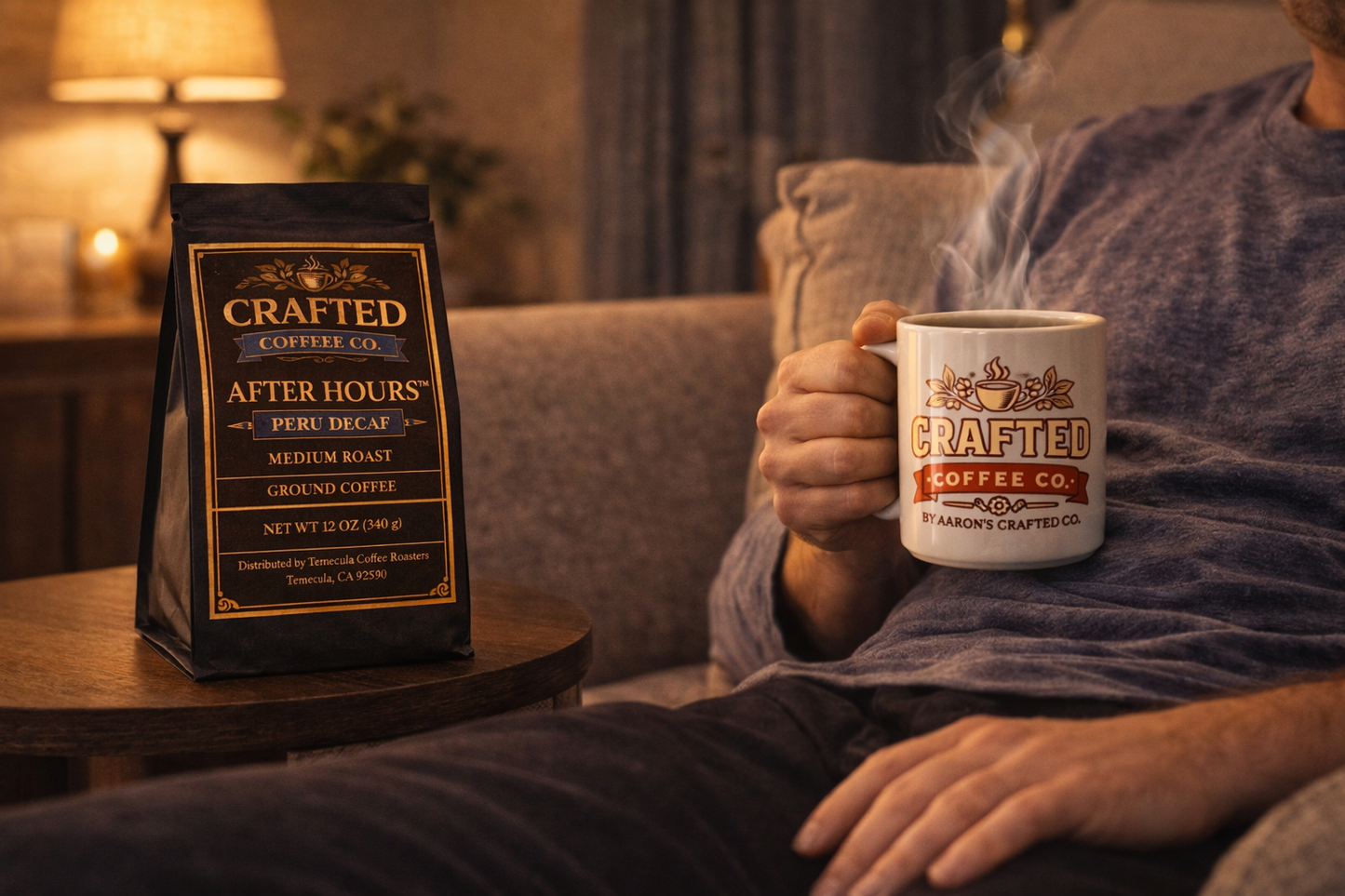 Person relaxing with mug of After Hours Peru Decaf medium roast coffee on couch, bag on side table in evening light