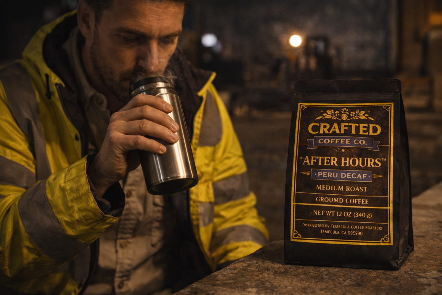 Person sipping After Hours Peru Decaf medium roast coffee from thermos during night shift break, bag visible in dim lighting