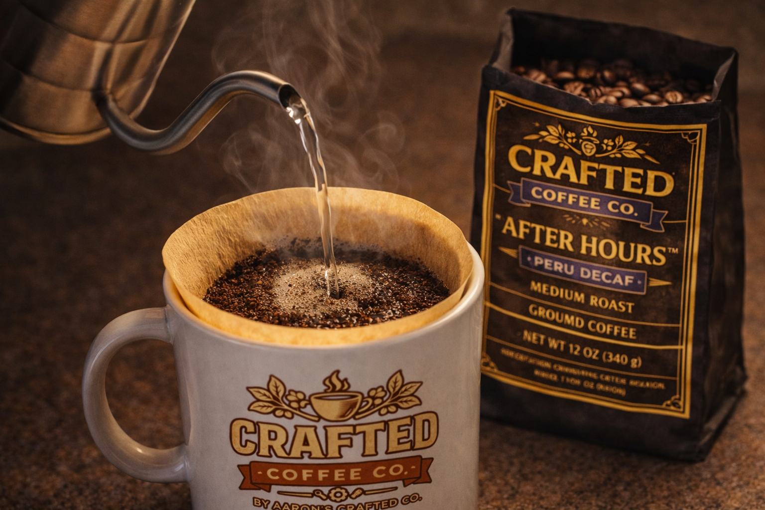 Pour-over brewing of After Hours Peru Decaf medium roast coffee with gooseneck kettle and open bag in background